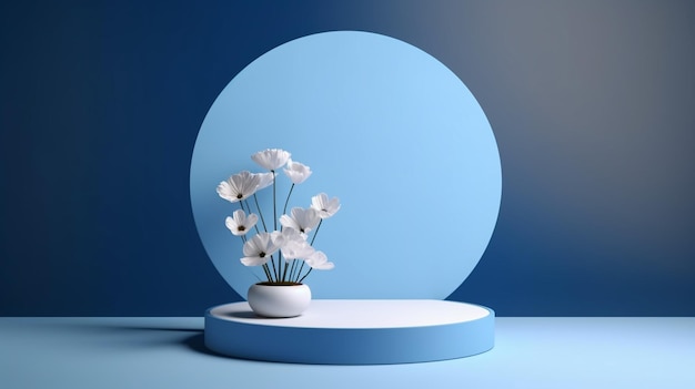un podio en blanco azul con flores sobre un fondo azul para la presentación de productos