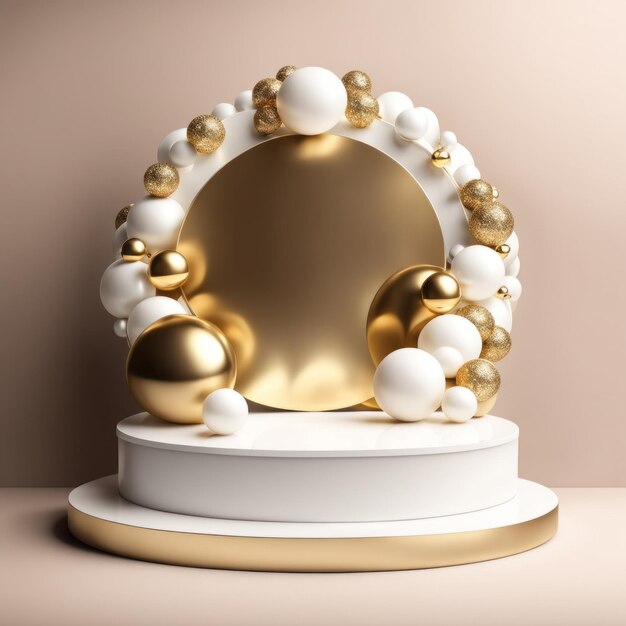 Foto podio blanco crema con corazones y bolas doradas podio de aniversario del día de san valentín