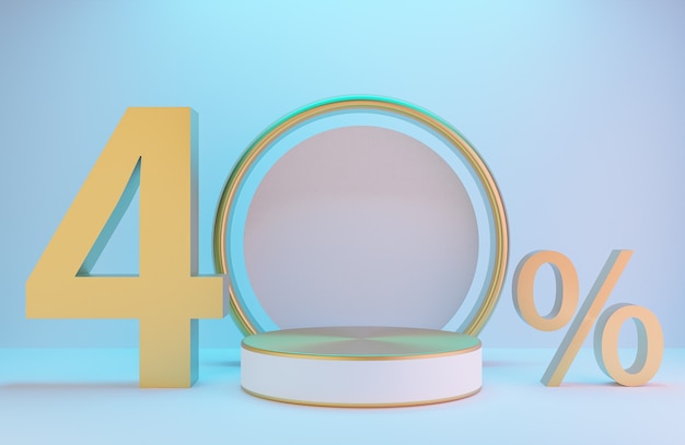 Podio blanco y dorado y texto 40% para presentación del producto y arco dorado en pared blanca con fondo de iluminación estilo de lujo, modelo 3d e ilustración.