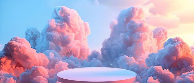 Un podio blanco se encuentra en medio de un mar de nubes rosadas tocadas por el cálido resplandor de una puesta de sol que crea un entorno surrealista para las exhibiciones de productos
