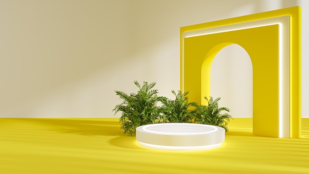 Podio blanco con fondo de pared natural y amarillo para la representación 3d de la exhibición del producto