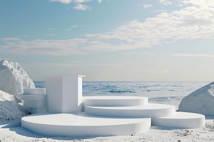 Podio blanco en la playa de Santorini, Grecia
