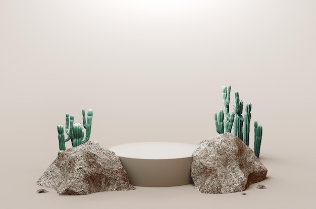 Foto podio blanco con rocas y plantas sobre fondo blanco renderizado 3d