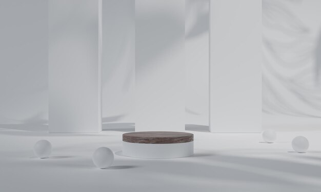 Podio blanco y soporte de fondo blanco o pedestal de podio en pantalla publicitaria con fondos en blanco renderizado 3D