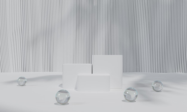 Podio blanco y soporte de fondo blanco o pedestal de podio en pantalla publicitaria con fondos en blanco renderizado 3D