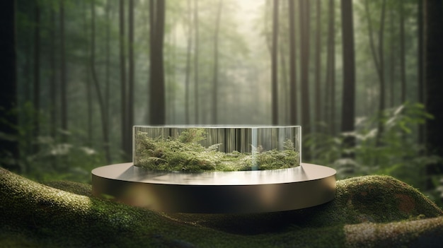 podio en el bosque tropical para la presentación del producto y una luz que viene de la parte superior
