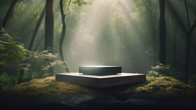 podio en el bosque tropical para la presentación del producto y una luz que viene de la parte superior