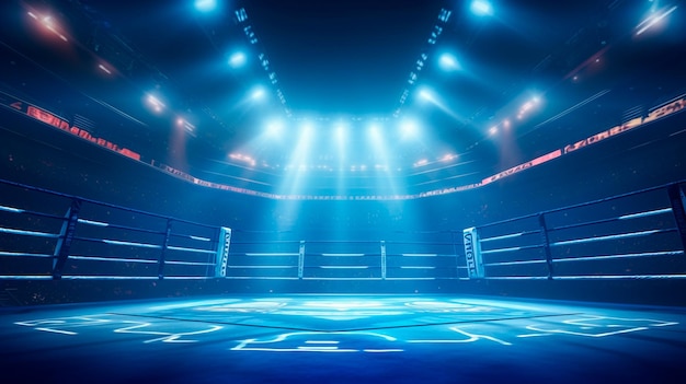podio de boxeo vacío con luces y luces azules AI generativa