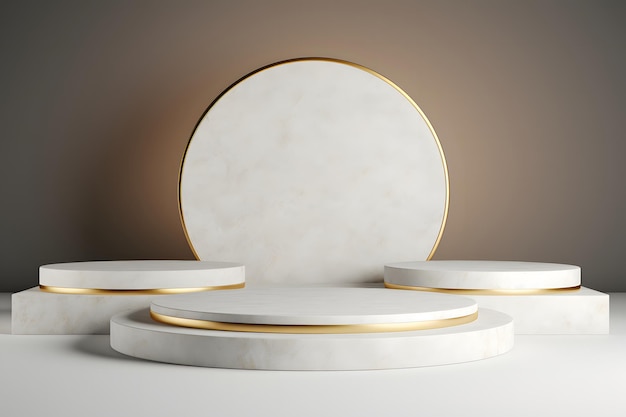 Pódio branco 3D com textura de mármore e elementos dourados Modelo de palco vazio ou pedestal