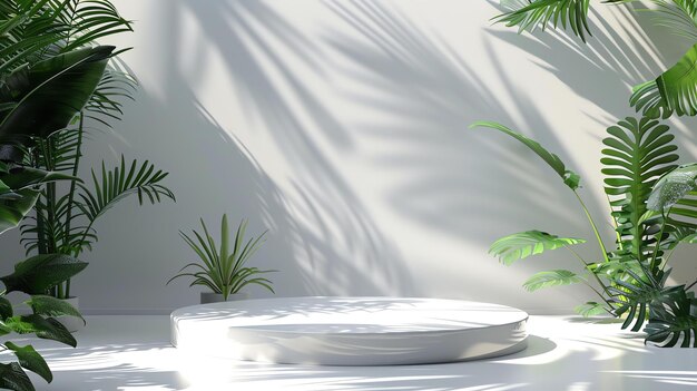 Pódio branco com folhas tropicais renderização 3D