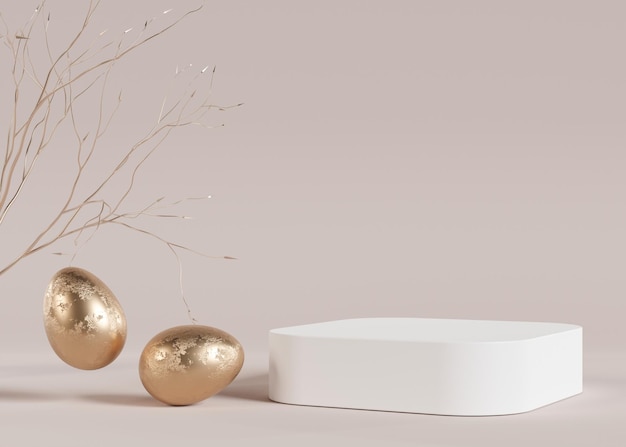 Pódio branco com ovos de Páscoa dourados e espaço para cópia Palco moderno para apresentação cosmética de produtos Modelo de Páscoa Plataforma de pedestal para produtos de beleza Cena vazia Vitrine de exibição Renderização 3D