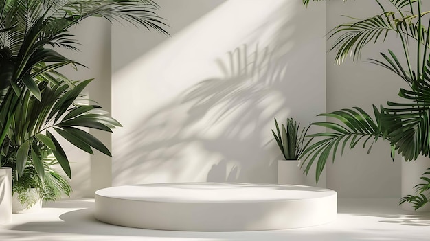 Pódio branco com plantas verdes no fundo branco renderização 3D