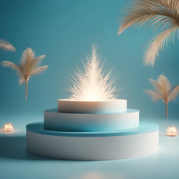 pódio branco com sombra de folha de palmeira em azul claro Design de fogos de artifício para o festival de Diwali