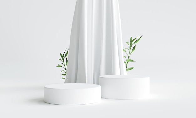 Pódio branco com tecido no fundo para apresentação do produto Relaxamento de pedestal de beleza natural e ilustração 3d de saúde