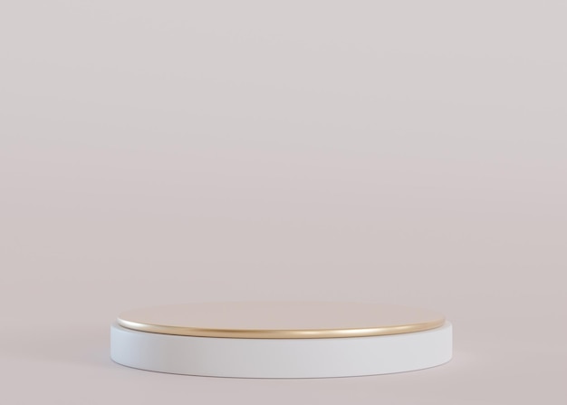 Pódio branco e dourado sobre fundo bege Palco elegante para apresentação cosmética de produtos Mock up de luxo Pedestal ou plataforma para produtos de beleza Cena vazia Vitrine de exibição 3D render