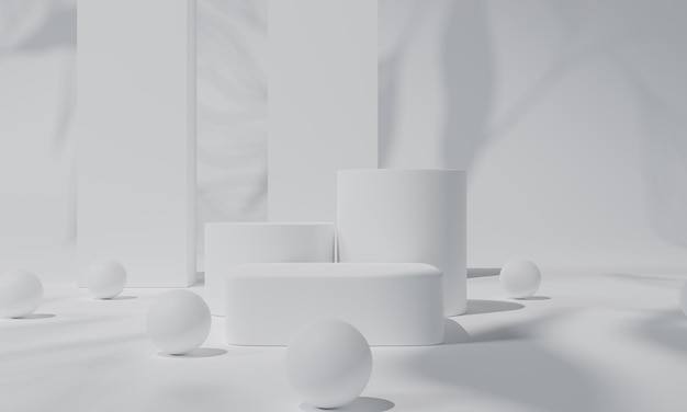 Pódio branco e suporte de fundo branco ou pedestal de pódio em exibição de publicidade com renderização em 3D de cenários em branco