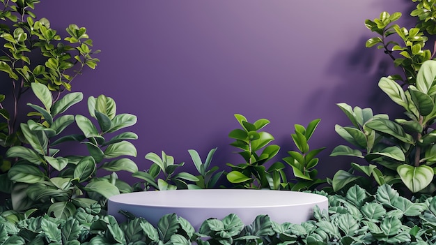 pódio branco em fundo roxo cheio de plantas decorativas verdes para apresentação de produtos