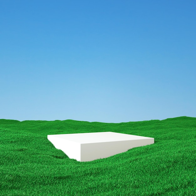 Podio entre un campo cubierto de hierba bajo un hermoso cielo soleado 3D