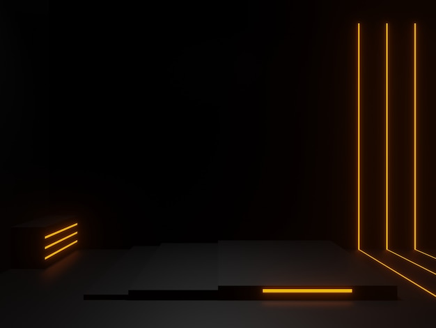 Pódio científico preto renderizado em 3D com luzes de néon douradas