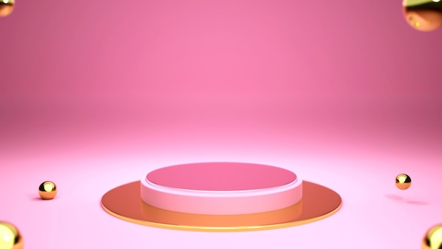 Pódio cilíndrico de exibição do produto na renderização 3D de fundo rosa