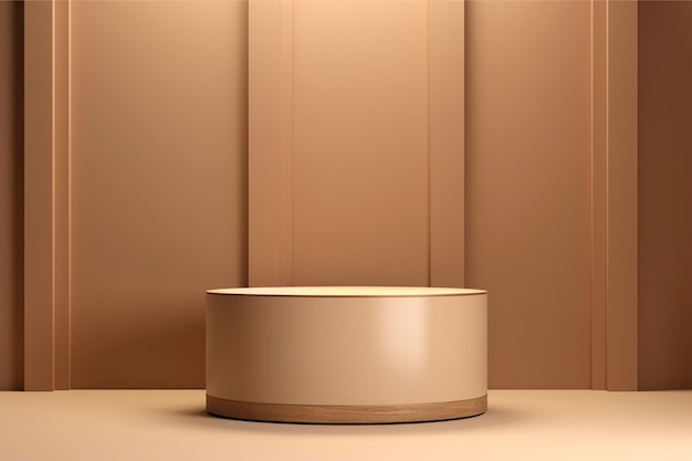 Podio de cilindro beige o soporte de exhibición de producto de pedestal con luz de ventana sobre fondo marrón 3d