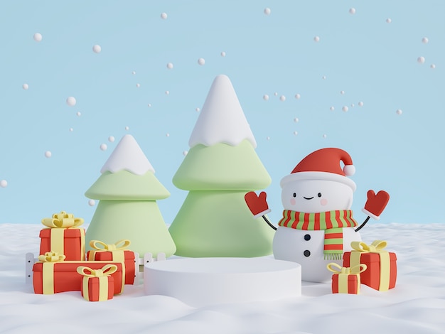 Podio de cilindro blanco sobre suelo de nieve con ilustración de render 3d de fondo de concepto de Navidad
