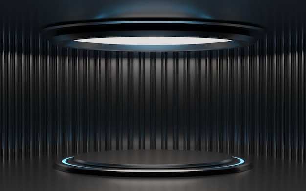 Foto podio de cilindro metálico de ciencia ficción futurista con luz azul y blanca