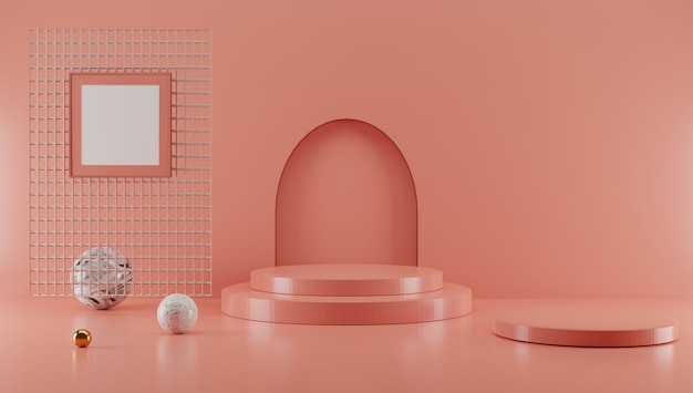 Podio de cilindro de piedra, soporte de exhibición de productos sobre fondo rosa pastel