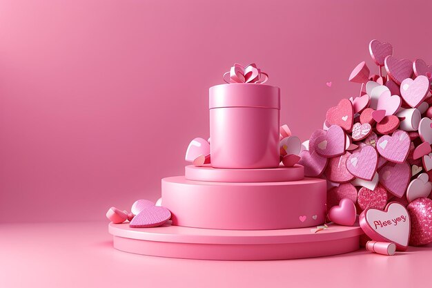 Podio de cilindro rosa con corazones y pedestal de caja de regalo rosa soporte de exhibición de productos plataforma de amor romántico sobre fondo rosa renderizado 3d