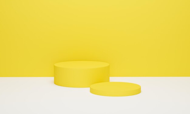 Podio de cilindro sobre fondo amarillo escena mínima con plataforma geométrica amarilla Soporte de podio para exhibición de productos 3d render 3d ilustración