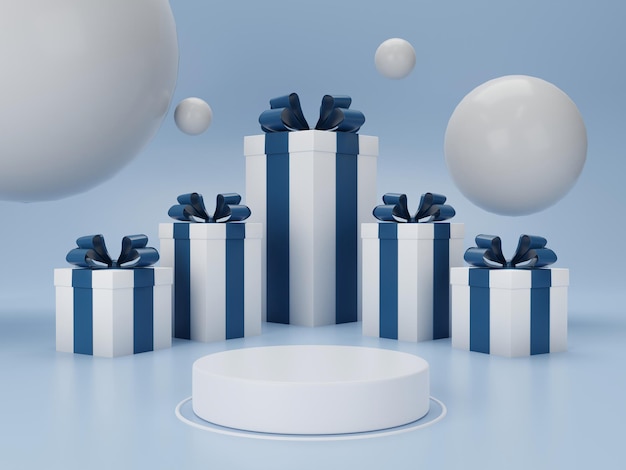 Podio de cilindro vacío blanco de renderizado 3d con cajas de regalo