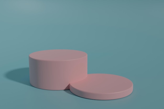 Podio circular, 2 podios, rosa, fondo azul, render 3d de espacio libre.