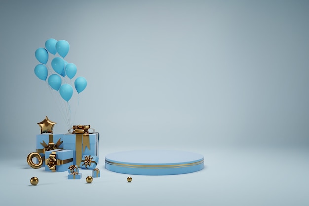 Podio circular de bolas de oro de estudio 3D con cajas de regalo y globos escena azul