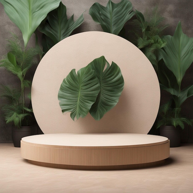 Pódio circular de madeira e pedra com fundo de flor de calathea orbifold para o fundo do produto