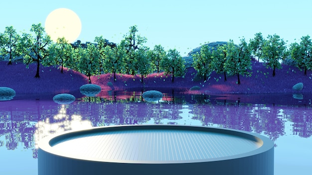 Podio circular de madera con árboles amarillos de fondo y pastos amarillos en el lago amanecer 3D Render