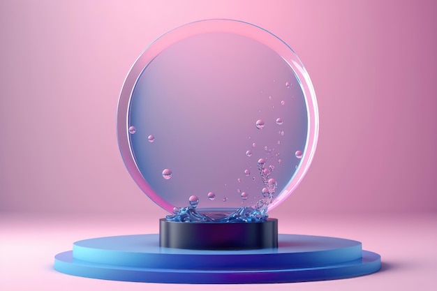 Podio de círculo azul y rosa contemporáneo con vidrio y agua Generación de IA