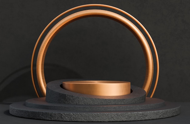 Podio de círculo de cobre para presentación de producto en estilo de lujo de fondo de muro de hormigón negro, modelo 3d e ilustración.