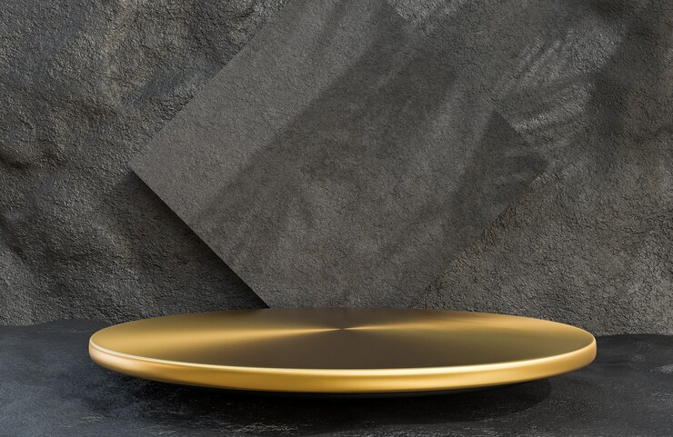 Podio del círculo dorado para la presentación del producto en el estilo de lujo de fondo de pared de piedra, modelo 3d e ilustración.