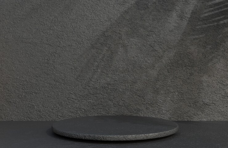 Podio de círculo de piedra negra para presentación de producto en estilo de lujo de fondo de pared de piedra, modelo 3d e ilustración.