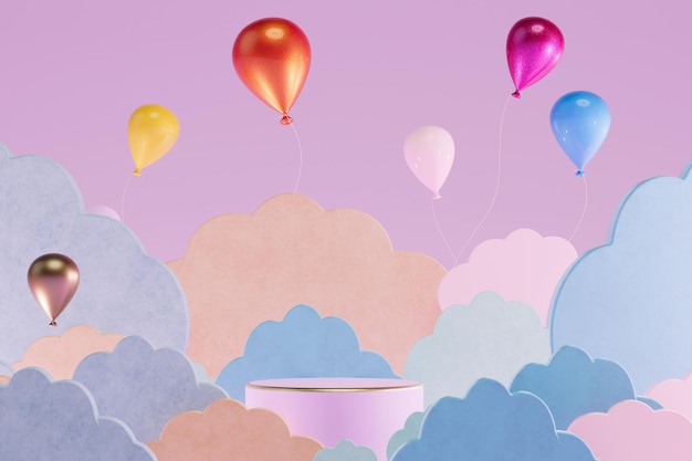 Podio para colocar productos sobre un fondo de nubes coloridas y globos copiar pegar render 3D