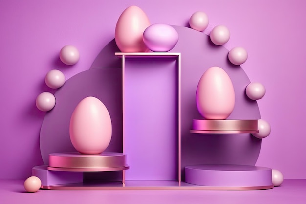 Podio de color violeta, un fondo rosa con huevos de Pascua, luces de neón y tonos, una plataforma contemporánea para presentaciones de cosméticos y productos, una plataforma o pedestal falso de Pascua para cosméticos.