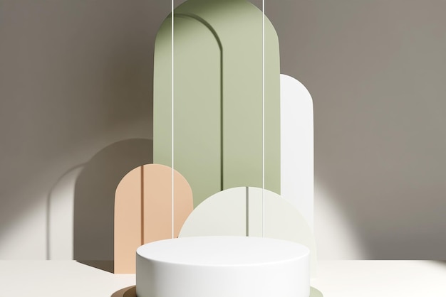 Un podio de colores con un círculo decorativo y bolas de colores en el fondo