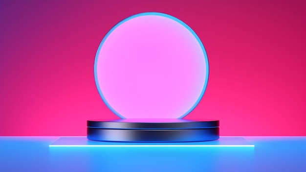 Podio de colores de neón vacío de estilo minimalista moderno realista en 3D sobre fondo degradado rosa y azul