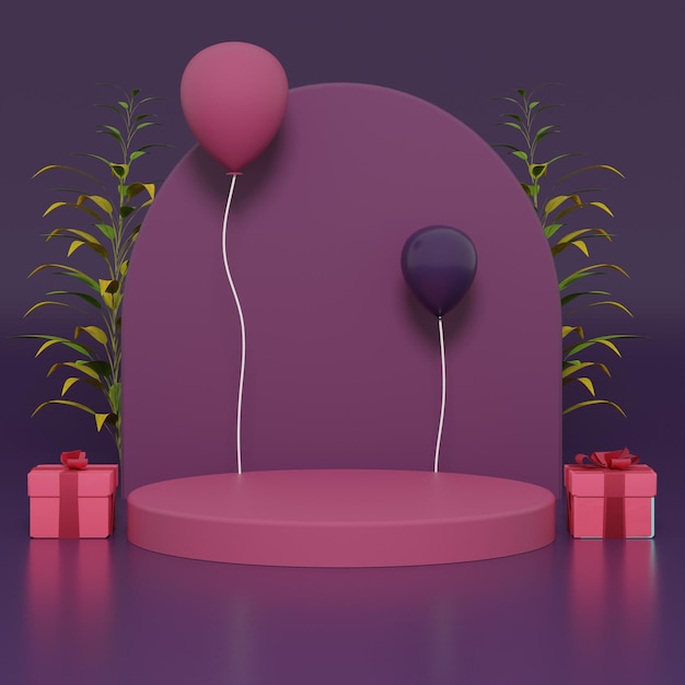 pódio colorido 3D com balões e presentes