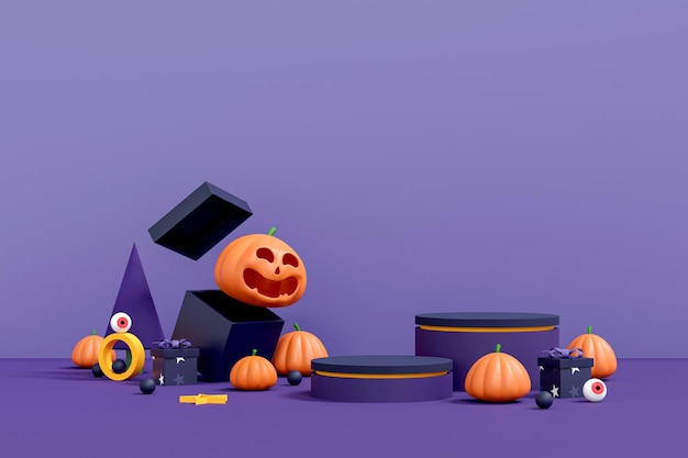 Podio colorido de fondo de Halloween en el escenario con escenario de plataforma roja y púrpura para mostrar el escenario del producto en el pedestal moderno estudio 3d