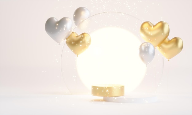 Pódio com balões em forma de ilustração 3d de coração