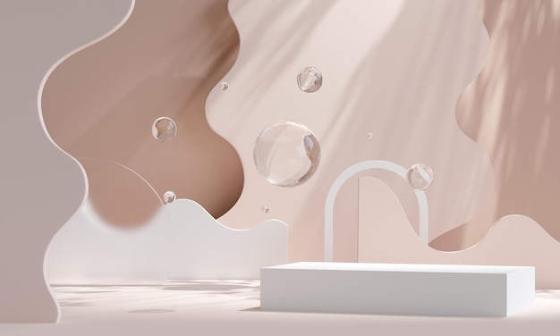 Pódio com bolhas flutuando no ar para relaxamento de apresentação do produto e ilustração 3d de saúde