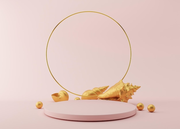 Pódio com conchas douradas do mar e anel dourado no fundo rosa pódio elegante para apresentação cosmética do produto maquete de luxo pedestal ou plataforma para produtos de beleza cena vazia renderização em 3d