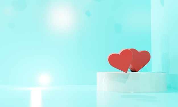Pódio com corações com tema de dia dos namorados. Ilustração 3D.