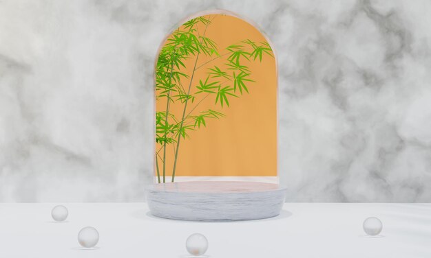 Pódio com fundo pastel colorido e suporte de árvore ou folha na exibição de publicidade renderização em 3D